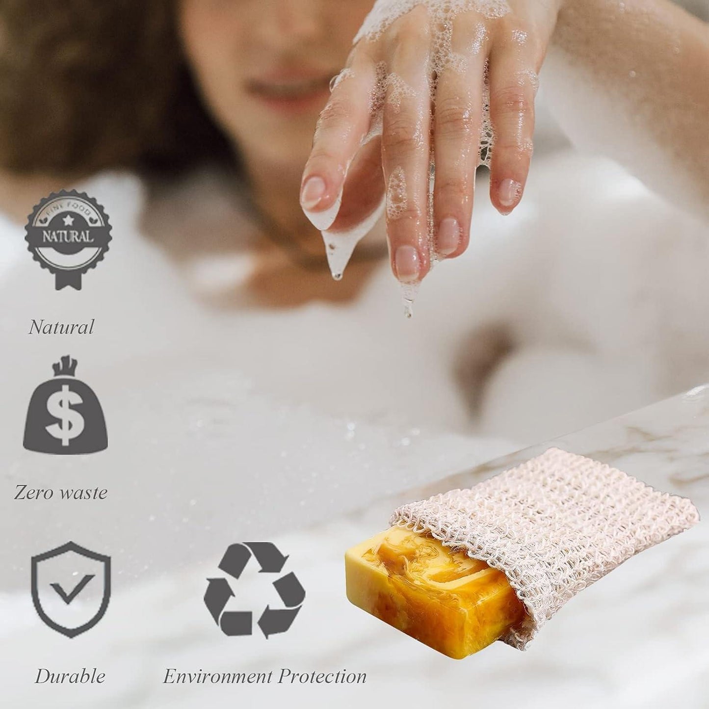 Earth & Pebble natural sisal soap saver bag for handmade soap bars and gentle exfoliation