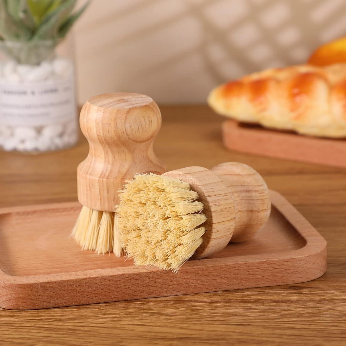 Earth & Pebble bamboo dish scrub brush with natural sisal bristles for eco-friendly kitchen cleaning