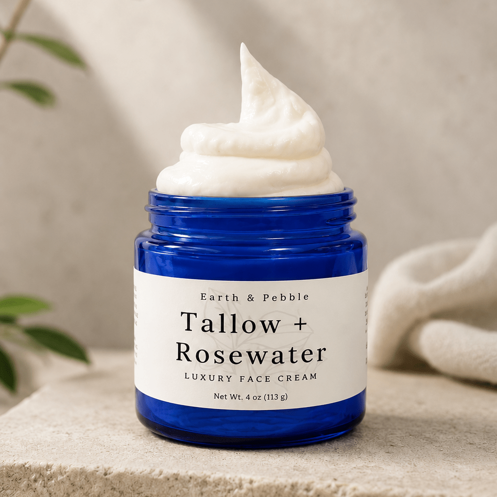 Earth & Pebble Tallow & Rosewater Facial Cream handcrafted with grass-fed beef tallow and rosewater for daily facial hydration