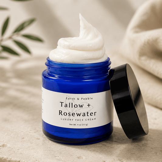 Earth & Pebble Tallow & Rosewater Facial Cream handcrafted with grass-fed beef tallow and rosewater for daily facial hydration