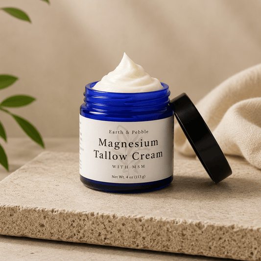 Earth & Pebble Tallow Magnesium Cream with MSM handcrafted with grass-fed tallow and Zechstein magnesium for daily skin hydration
