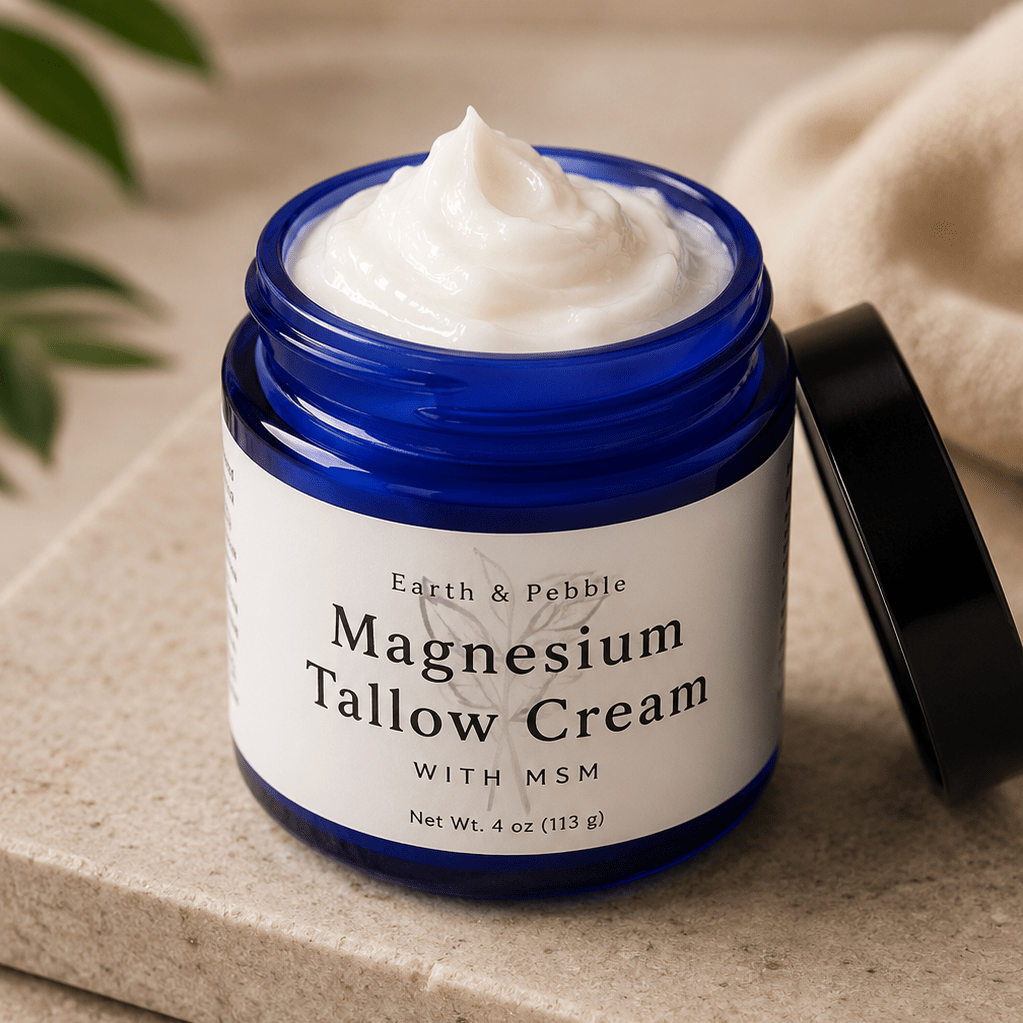 Earth & Pebble Tallow Magnesium Cream with MSM handcrafted with grass-fed tallow and Zechstein magnesium for daily skin hydration