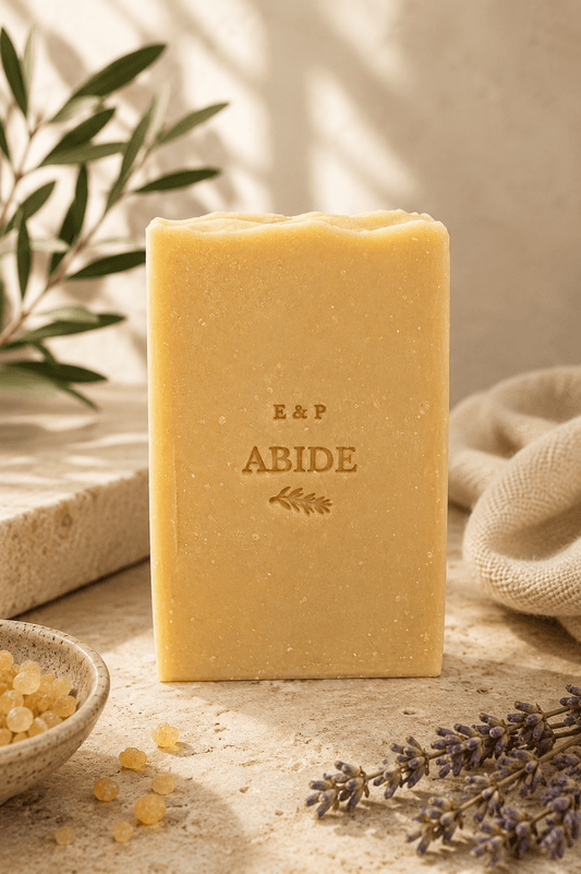 Earth & Pebble Abide sheep tallow soap with frankincense, cedarwood, and lavender essential oils