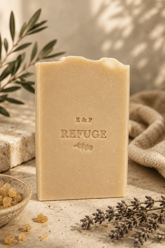 Earth & Pebble Refuge beef suet tallow soap with cedarwood, frankincense, and rosemary essential oils