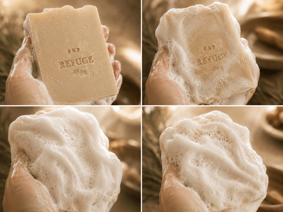 Earth & Pebble Refuge beef suet tallow soap with cedarwood, frankincense, and rosemary essential oils