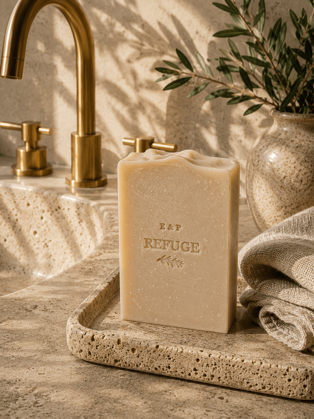 Earth & Pebble Refuge beef suet tallow soap with cedarwood, frankincense, and rosemary essential oils