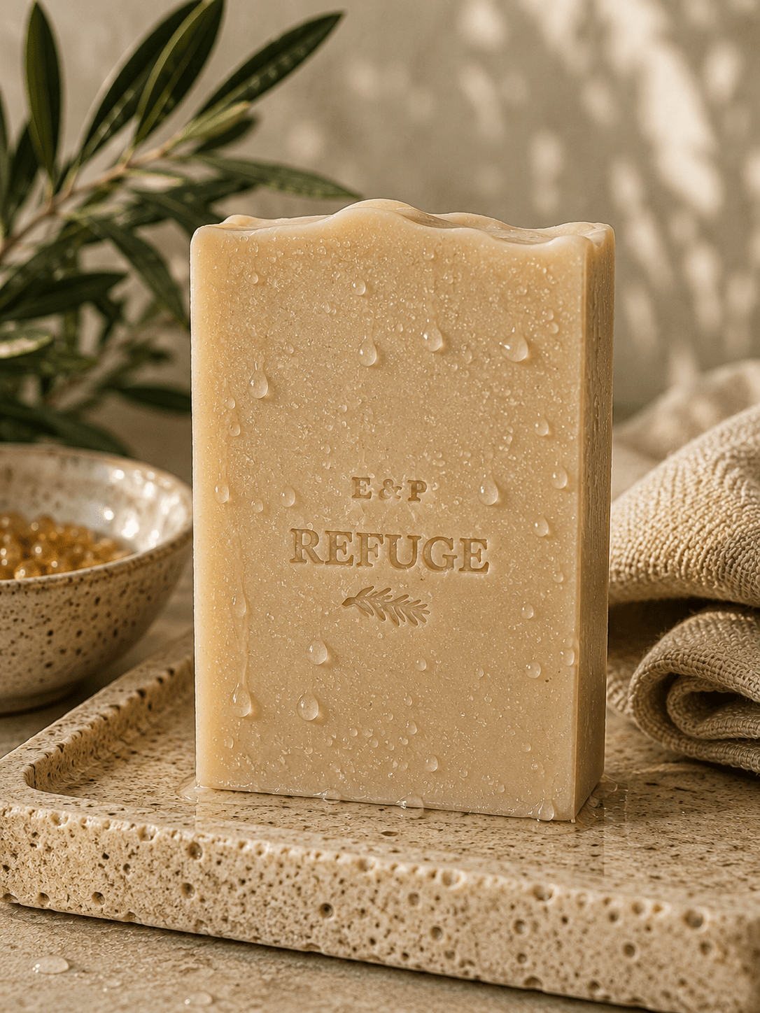 Earth & Pebble Refuge beef suet tallow soap with cedarwood, frankincense, and rosemary essential oils