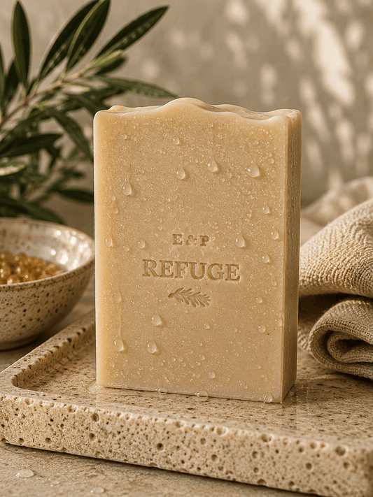 Earth & Pebble Refuge beef suet tallow soap with cedarwood, frankincense, and rosemary essential oils